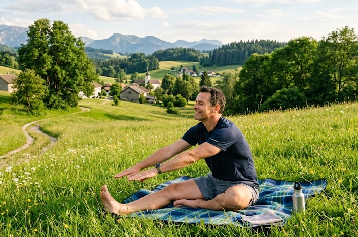 Zdravé jídlo připravené doma – zelenina, ryby a celozrnné produkty na dřevěném stole